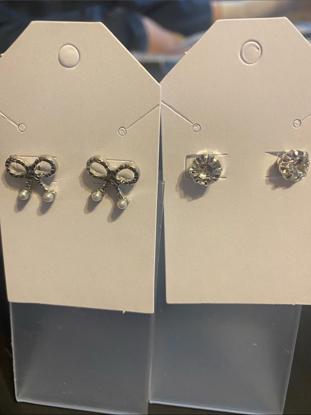 Silver Bow and Crystal Stud Earring Set - Women's Accessories